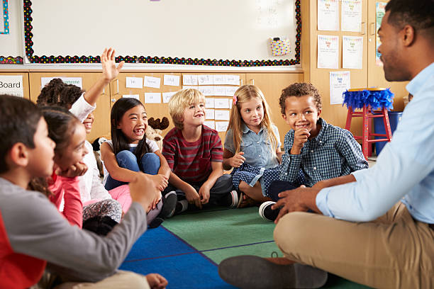 istock Elementary school kids and teacher sit cross legged on floor 515274900