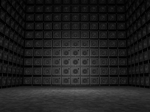 Room whose walls are composed of a variety of guitar amps. 3d rendering of high quality