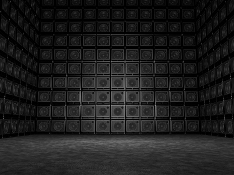 Room whose walls are composed of a variety of guitar amps. 3d rendering of high quality