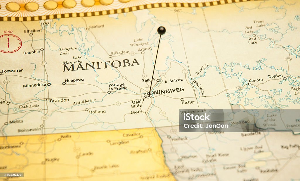 Macro Road Map Of Manitoba Canada Macro Road Map Of Manitoba Canada with map pin Winnipeg Stock Photo