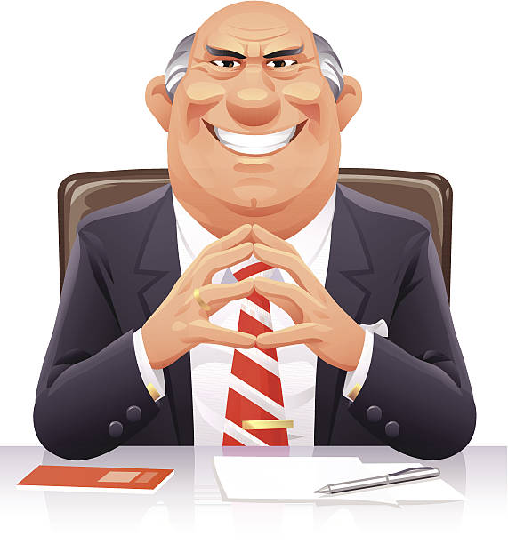Bad Banker A smirking senior businessman sitting at a desk, isoalted on white. EPS 10, everything grouped and labeled in layers. greedy stock illustrations