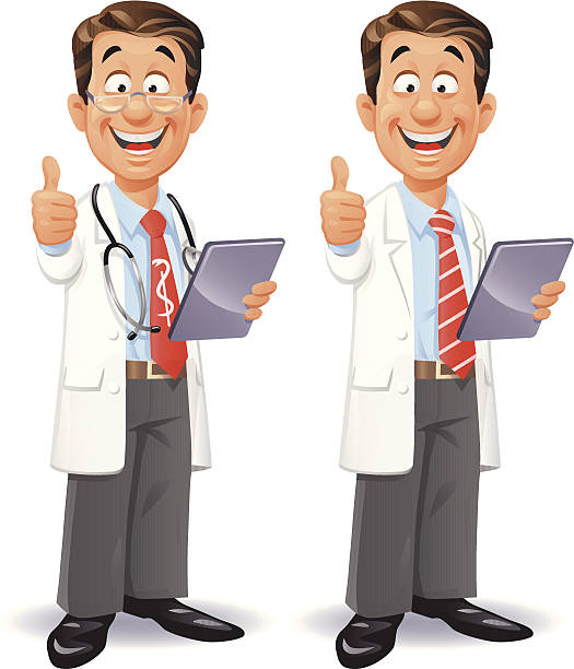 Doctor And Scientist With Tablet Computer A cheerful doctor and scientist with a stethoscope wearing a red tie, a blue shirt and a lab coat, holding a a tablet computer and gesturing thumbs up. EPS 10, everything grouped and labeled in layers. cartoon of caduceus medical symbol stock illustrations