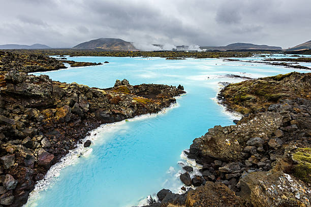 Wide angle view of the landscape at the Blue Lagoon in Reykjavik, Iceland, Europe.