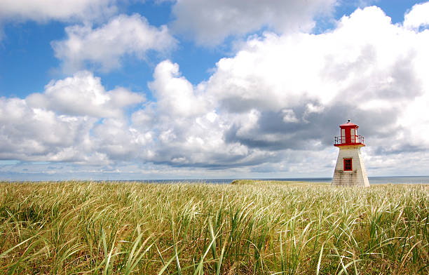 istock Red lighthouse by the sea on a sunny day 515307319