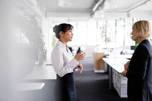 A photo of young businesswoman discussing with female manager. Businesswomen are planning strategy in office. Professionals are at brightly lit workplace.