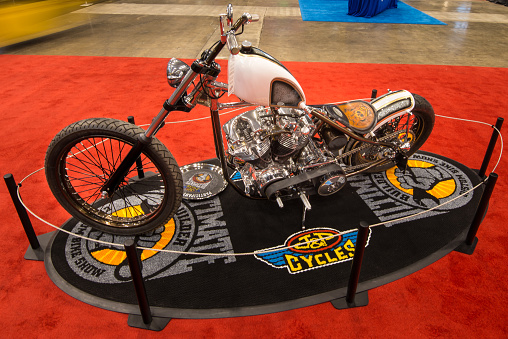 Cleveland, OH, USA - January 29, 2016: A customized Harley-Davidson FLH motorcycle by Raw Iron Choppers, entered in the Ultimate Builder Custom Bike Show at the Progressive International Motorcycle Show.