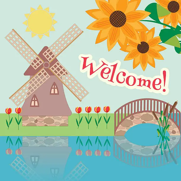 Vector illustration of Rural landscape with tulips, windmill and a bridge. Inscription Welcome