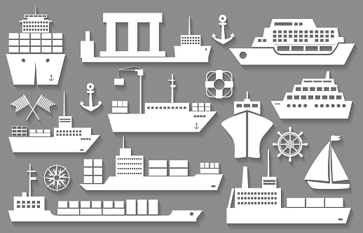 vector boat and ship white icons with shadows