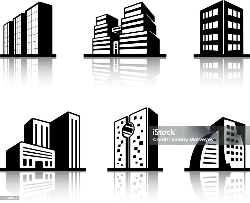 Set of black and white building icons Set of black and white urban building icons of modern architecture with high-rise office and apartment blocks with reflection viewed at an angle with perspective Architecture stock vector