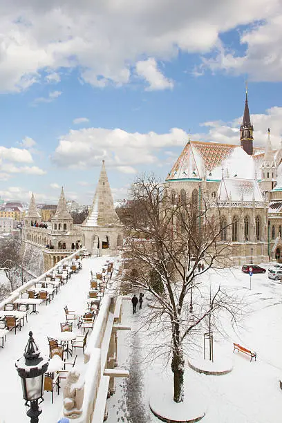 Fisherman's Bastion and Matthias Church in Budapest at winter day, Hungary