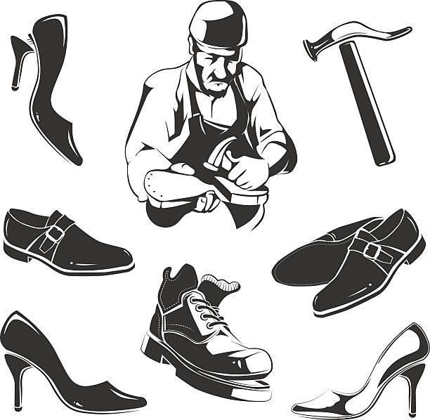 shoes repair Vector elements for vintage labels of shoes repair shoemaker stock illustrations