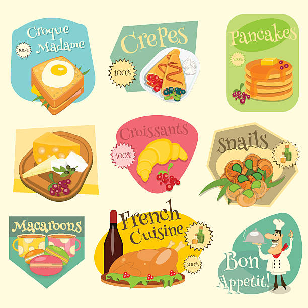 ilustrações, clipart, desenhos animados e ícones de comida francesa conjunto de rótulos de - macaroon french culture dessert food