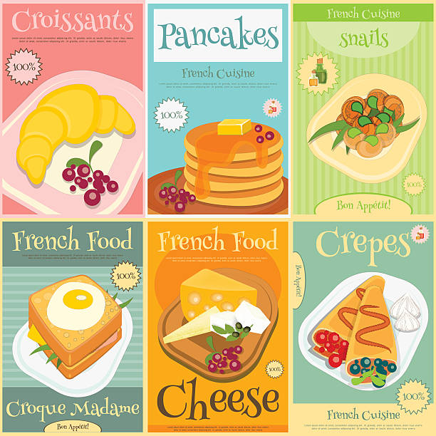 ilustrações, clipart, desenhos animados e ícones de comida francesa mini cartazes conjunto - macaroon french culture dessert food