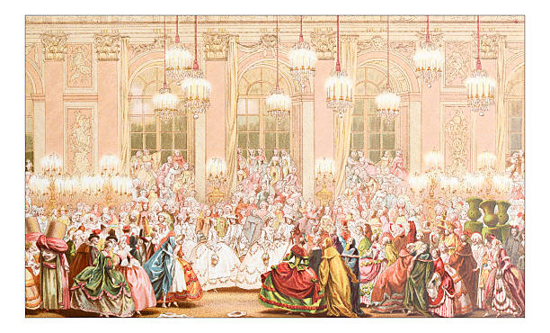 antike abbildung eines maskenball - domestic room palace chandelier nobility stock-grafiken, -clipart, -cartoons und -symbole