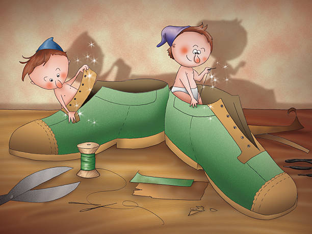 The elves and the shoemaker 19 Two elves are making new magic shoes. Illustration for the folktale the elves and the shoemaker. shoemaker stock illustrations