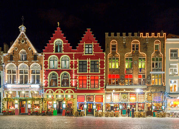 Brugge. Market Square at night Christmas decoration and lighting Old Market Square in the historic center of Bruges, Belgium. flanders belgium photos stock pictures, royalty-free photos & images