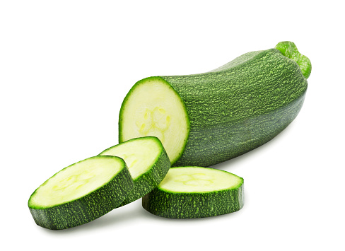 Fresh cutted zucchini isolated on a white background. Design element for product label.