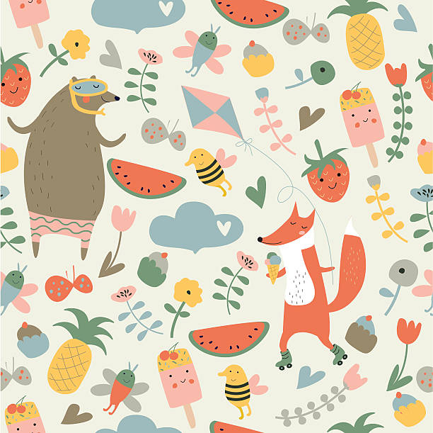 seamlesssummerpopcolor Seamless summer background in cartoon style pineapple beach stock illustrations