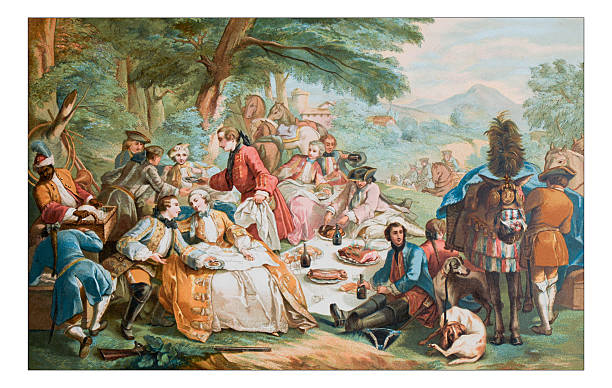 Antique illustration of outdoor party lunch during hunting Antique illustration of outdoor party lunch during hunting classical architecture stock illustrations