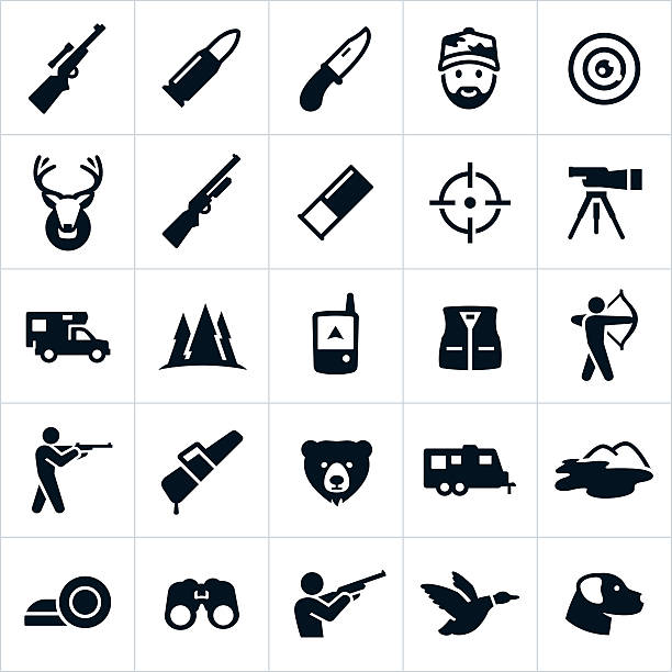 Hunting Icons Icons related to the sport of hunting. The icons include big game and small game animals including a deer, bear, and dog. They also include rifles and ammunition including a shotgun and shotgun shell. The set of icons also include hunting equipment, clothing, and other related hunting items. bang icon stock illustrations