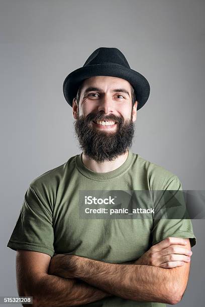 Bearded Hipster Wearing Hat With Upper Lips Piercing Friendly Laughing Stock Photo - Download Image Now