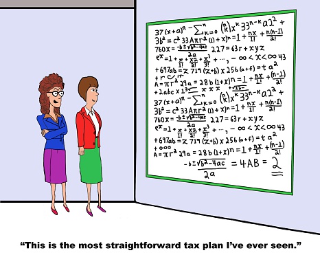 Accounting cartoon about complex tax plan.