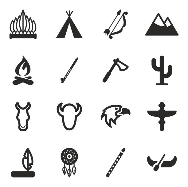 illustrazioni stock, clip art, cartoni animati e icone di tendenza di icone di nativi americani - wigwam tent north american tribal culture indigenous culture