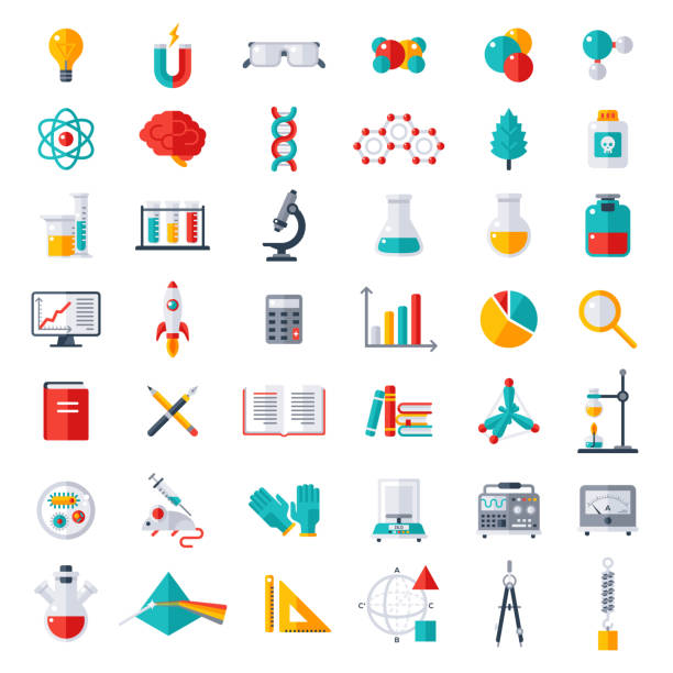 Physics, Chemistry, Biology Icons Set Physics, Chemistry and Biology, laboratory and science equipment Icons Set. Flat design vector illustration. Latex Gloves. Molecules, Data Analysis. Scientific Research. Chemical Experiment. science research stock illustrations