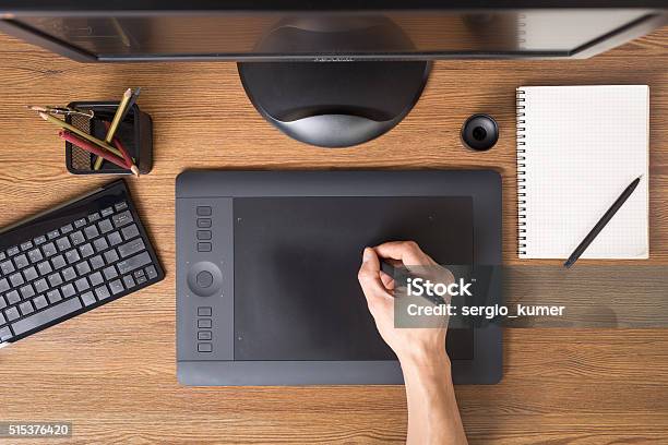 Designer Workspace With Tablet Keyboard Computer Stock Photo - Download Image Now - Above, Business, Business Finance and Industry