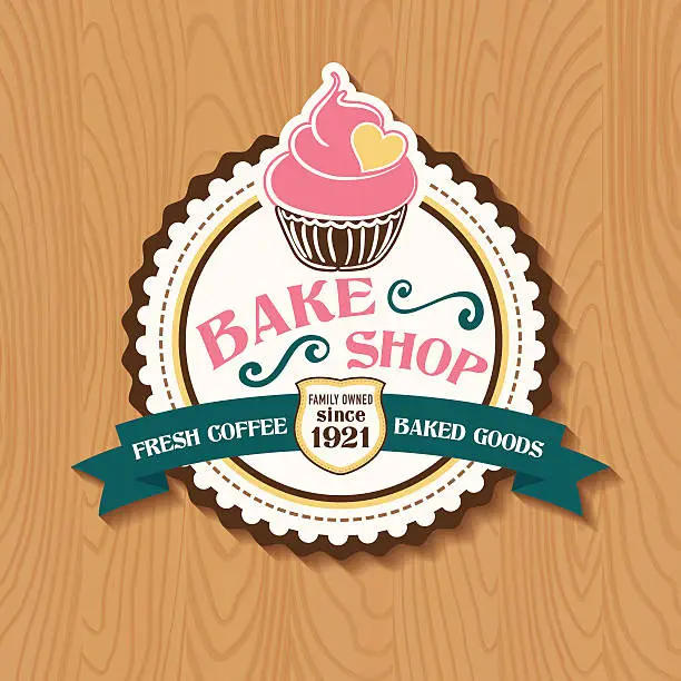 Vector illustration of Bake Shop Sticker With Cupcake and Ribbon