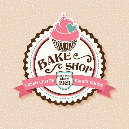 Bake Shop or Cafe Sticker With Cupcake and Ribbon.