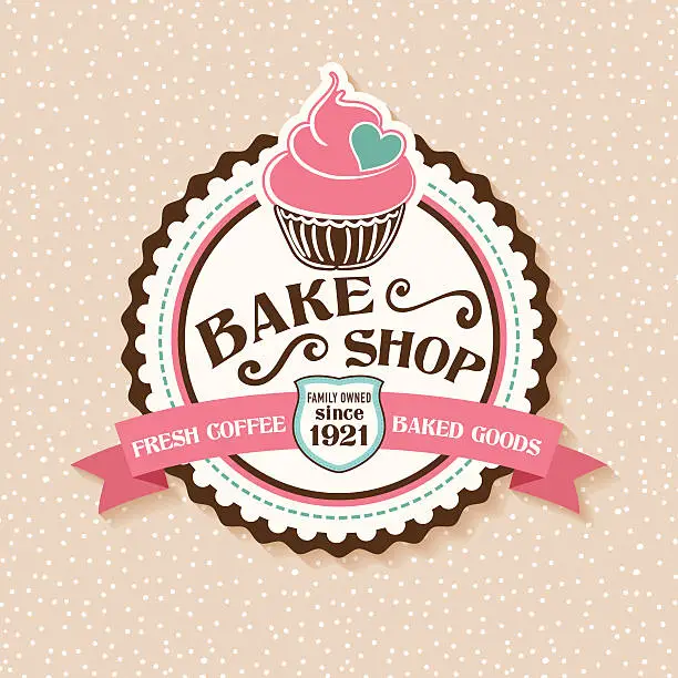 Vector illustration of Bake Shop Sticker With Cupcake and Ribbon