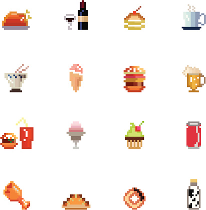 A collection of different kinds of food and drinks in pixel icons. It contains hi-res JPG, PDF and Illustrator 9 files.