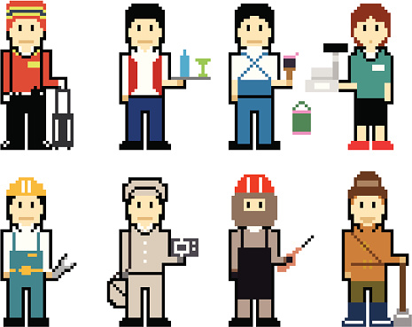 People of various workers in pixel icon. It contains hi-res JPG, PDF and Illustrator 9 files.