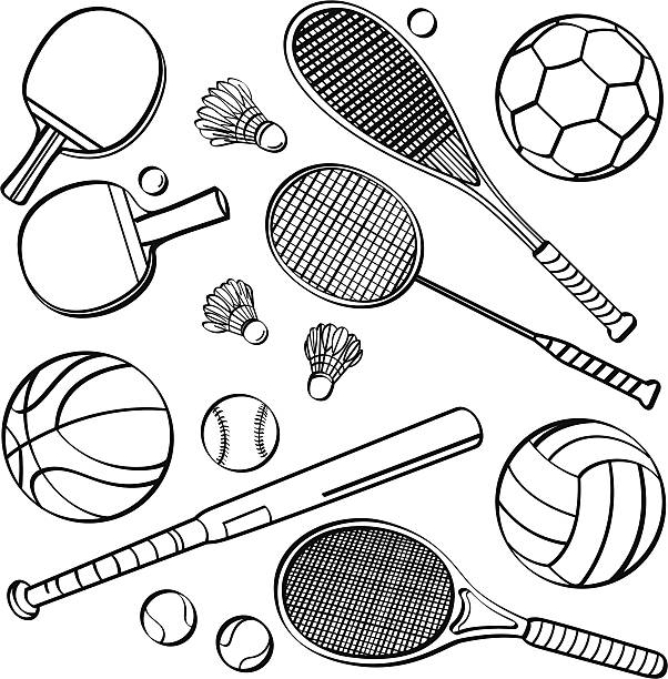 ilustraciones, imágenes clip art, dibujos animados e iconos de stock de equipo de deportes de las colecciones - paddle ball racket ball table tennis racket