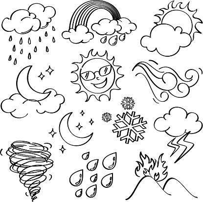 Different kinds of weather icons in line art style. It contains hi-res JPG, PDF and Illustrator 9 files.