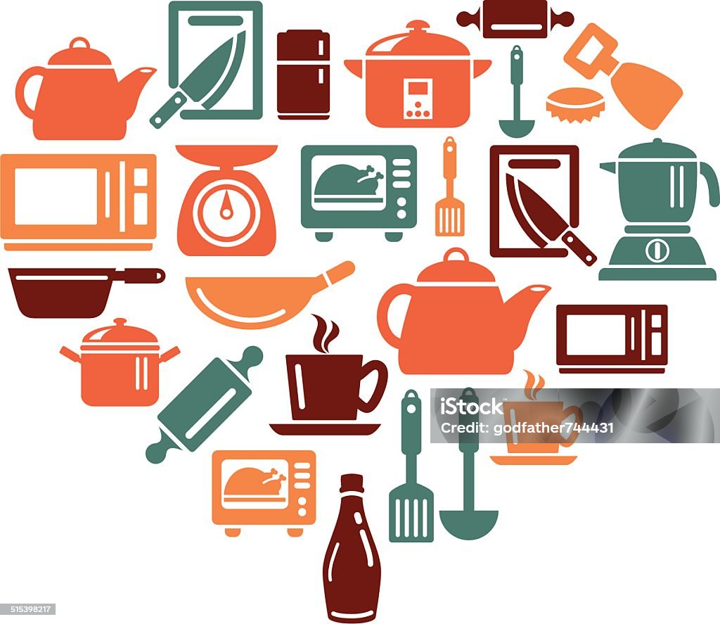 Küchenutensilien und Küchengeräten-Icons in Herzform - Lizenzfrei Accessoires Vektorgrafik