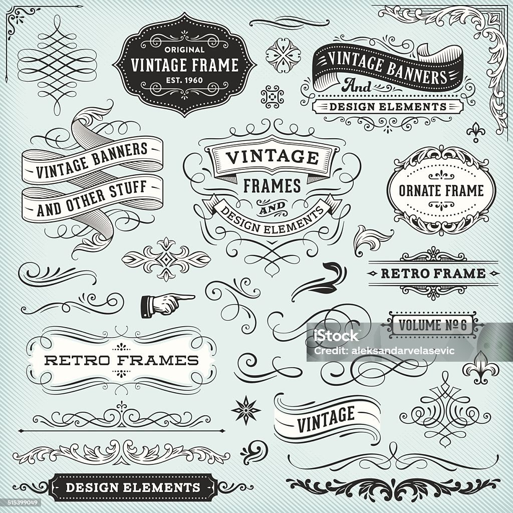 Vintage Frames and Banners Set of ornate badges,frames,banners and design elements..All elements are separate.File is grouped and layered. Hi-res jpeg included.More works like this linked bellow. Retro Style stock vector