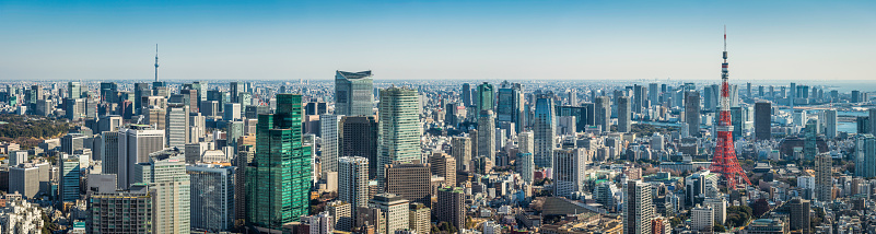 Aerial panoramic view across the skyscrapers and landmarks of downtown Tokyo, from the distant soaring spire of the Skytree, across the crowded cityscape of Ginza, Shimbashi and Minato to the iconic red lattice of Tokyo Tower, Japan. ProPhoto RGB profile for maximum color fidelity and gamut.