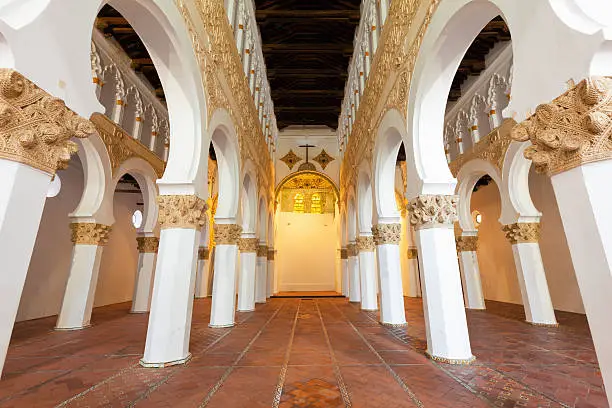 Interior of Santa Maria la Blanca Synagogue in Toledo, Spain. Erected in 1180 and considered the oldest synagogue building in Europe still standing