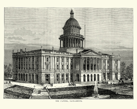 Vintage engraving of The Capitol, Sacramento. The Neoclassical structure was completed between 1861 and 1874 at the west end of Capitol Park.