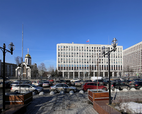 Moscow,  Russia - March 10, 2016: The building of the Ministry of Internal Affairs of the Russian Federation (It is written in Russian) . Zhitnaya St. 16, Moscow,  Russia. Near the building are located tourists and residents of the city