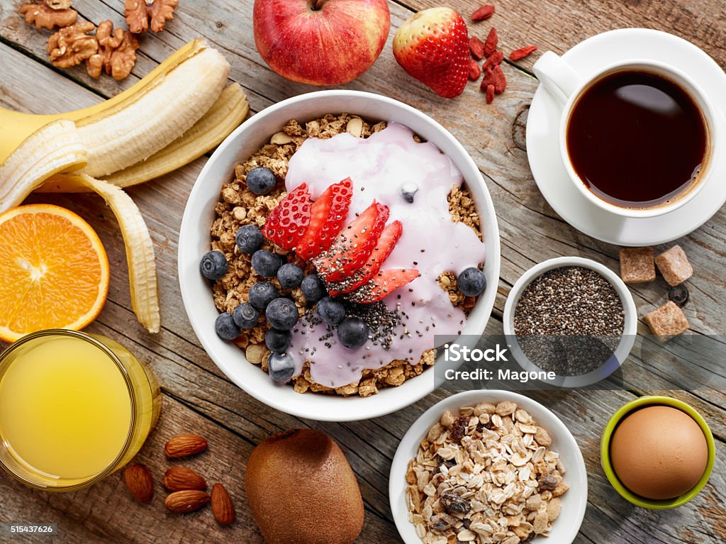 healthy breakfast ingredients top view of healthy breakfast ingredients, selective focus Breakfast Stock Photo