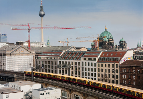 Train in Berlin, panoramic view with the television tower and the Cathedral