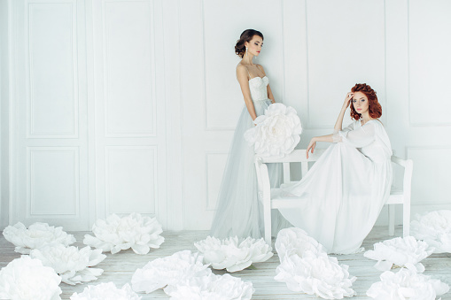 Studio shot of two young beautiful brides on background of flowers. Professional make-up and hairstyle.