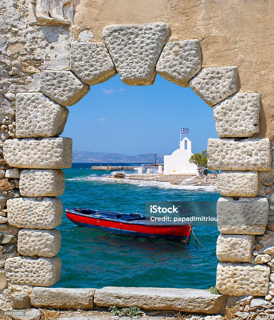 Traditional fishing boat in Greece Beach Stock Photo