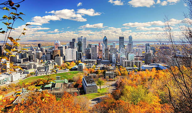 Autumn Colors in Montreal City A Mountain view of Montreal City, Canada in the fall.  The sky is clear and it is a sunny day.  A cluster of gray, multiple-sized buildings are visible in the center of the photo.  Lush, fall foliage lines the front of the image, and a body of water is visible in the back of the photo. montréal photos stock pictures, royalty-free photos & images