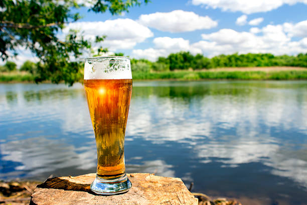 bicchiere di birra fresca - light relaxation blue lake foto e immagini stock