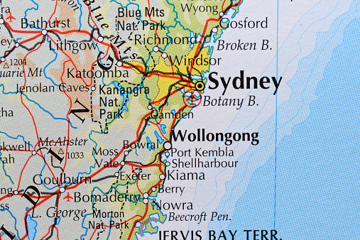 Atlas map showing Australian city of Sydney in New South Wales