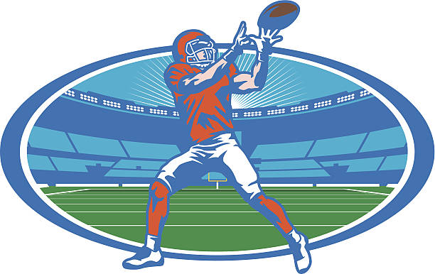 Football Stadium Wide Receiver Illustration of a american football wide receiver in a stadium background. All colors are separated in layers. Easy to edit. Black and white version (EPS10,JPEG) included. catching illustrations stock illustrations